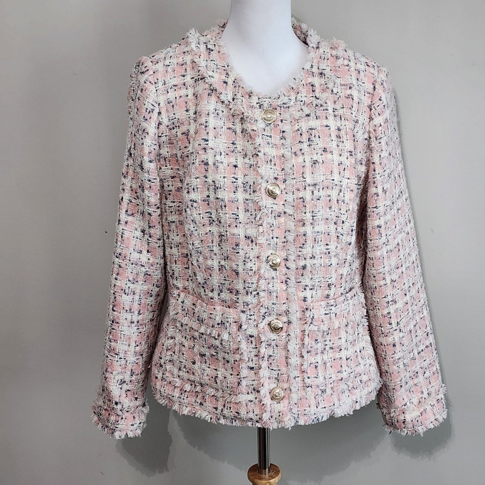 Tweed Blazer Womens 12 Pink Plaid Tweed Feminine Office Professional Preppy Chic